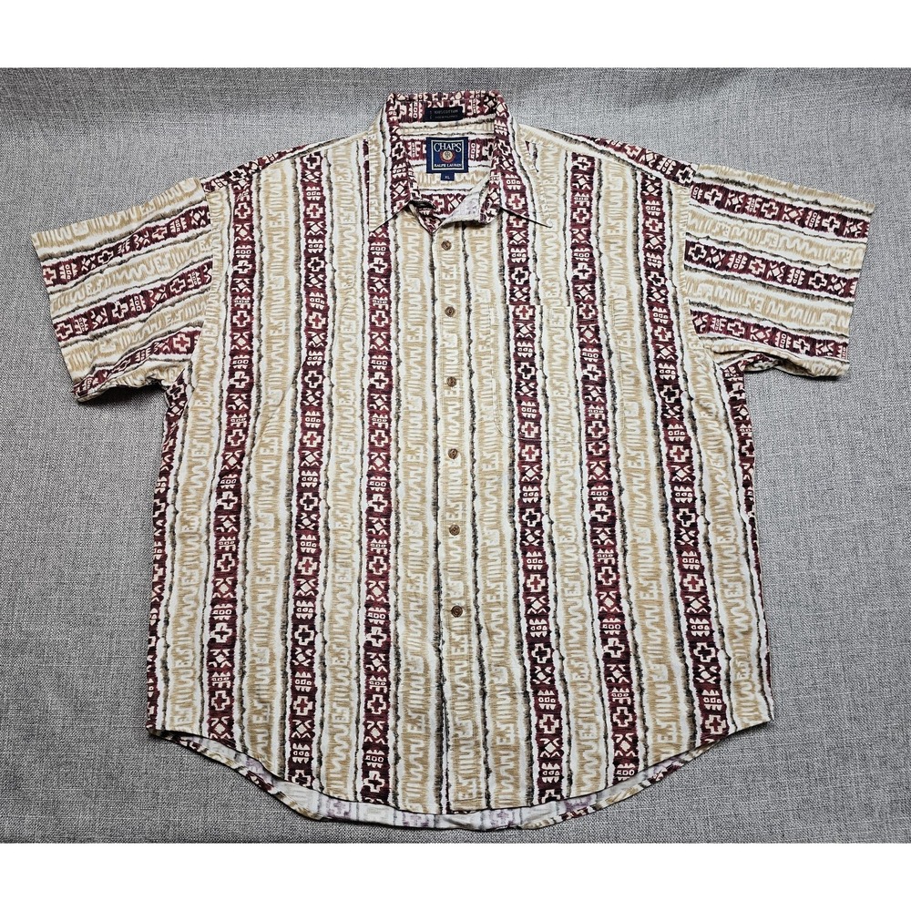 VTG Ralph Lauren Shirt Mens XL Geomtic Aztec Short Sleeve Cotton Button Up Chaps